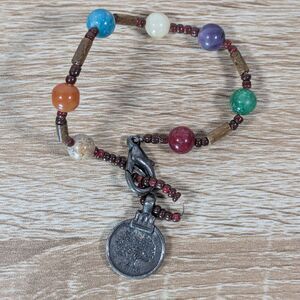 Multicolor Stone Beaded Bracelet Tree Charm Boho Stretch Jewelry